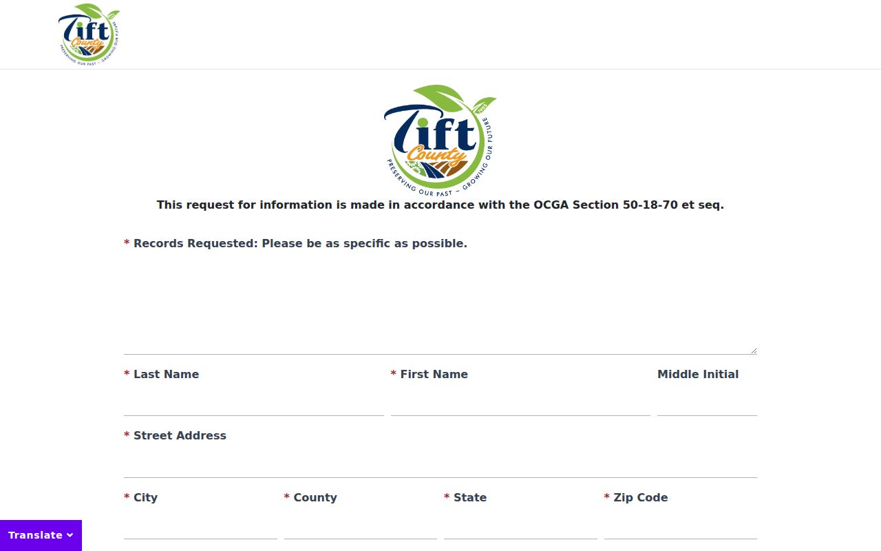Tift County court record open-records request fields