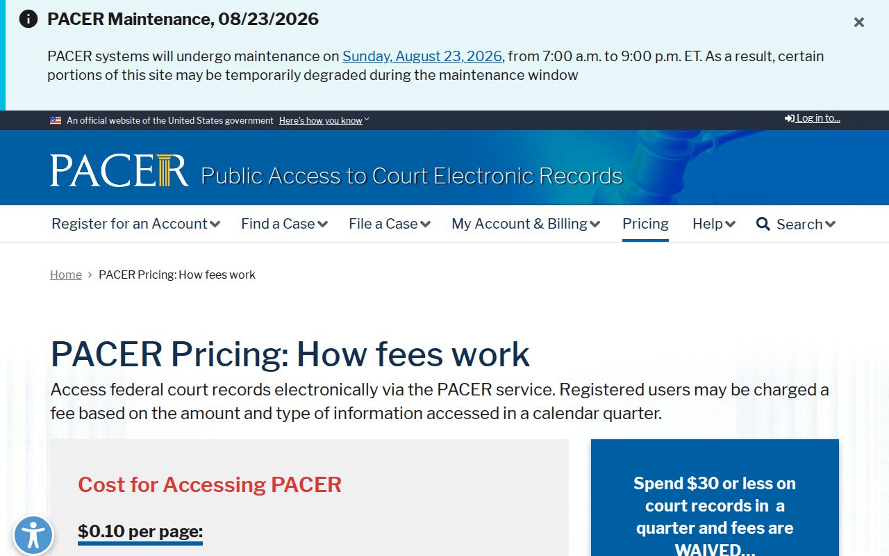 PACER pricing for federal Tift County court docket records